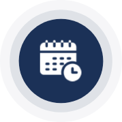 A blue circle with an image of a calendar and a clock.