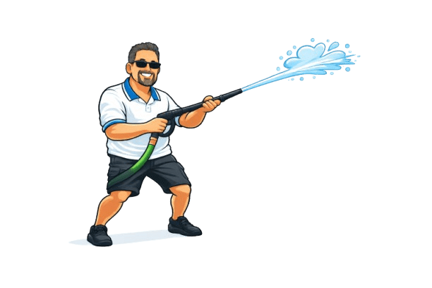 Cartoon man in sunglasses spraying water hose