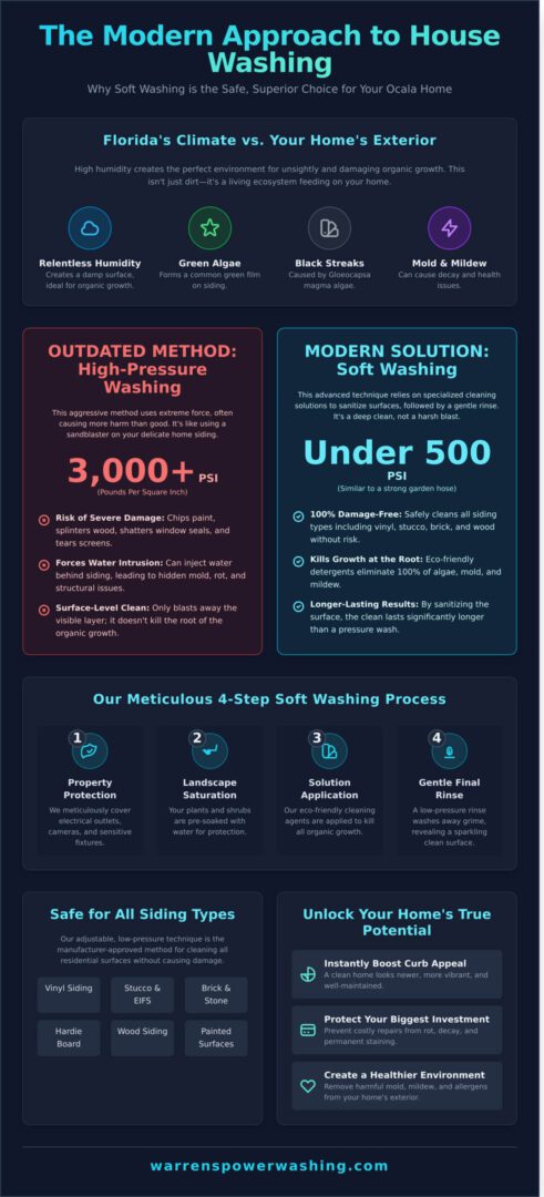 Infographic comparing high-pressure washing and soft washing