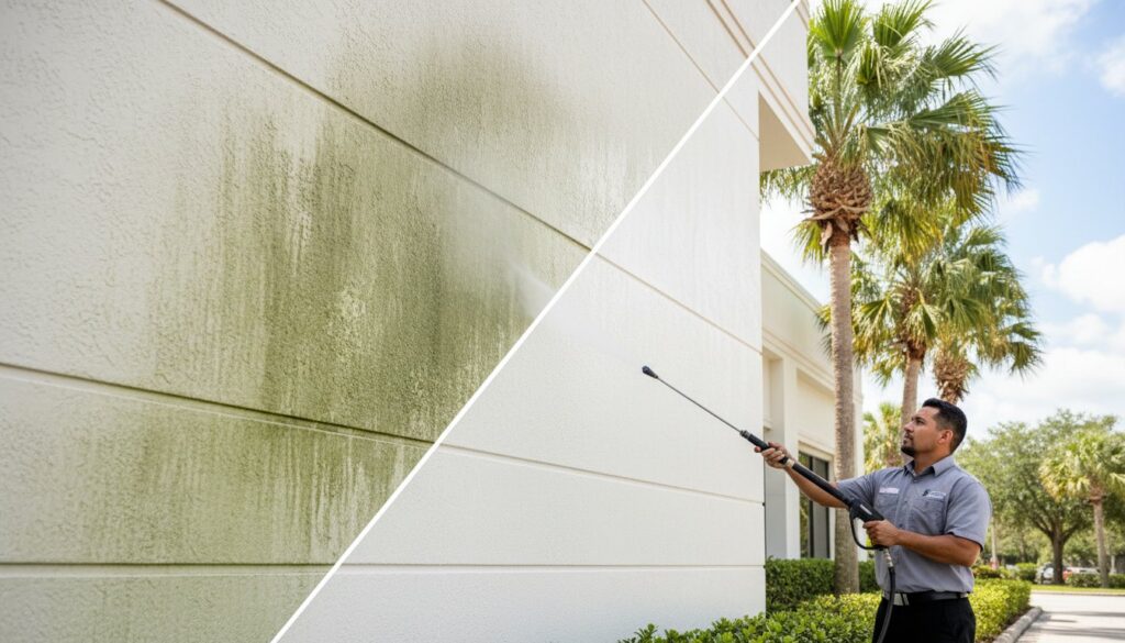 Split view power washing algae-stained exterior wall