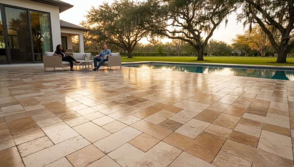 Spacious tiled patio with pool and seating