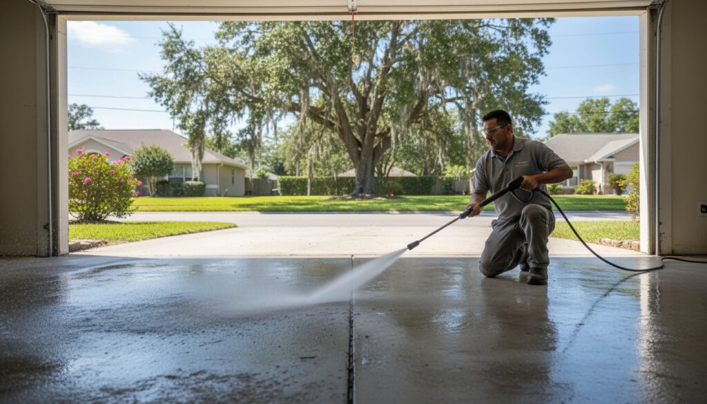 Worker pressure washing garage floor