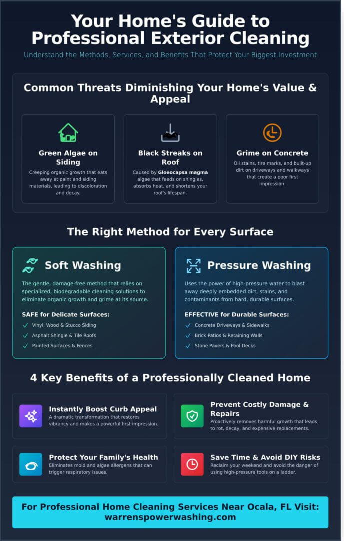 Home exterior cleaning infographic: professional methods and benefits