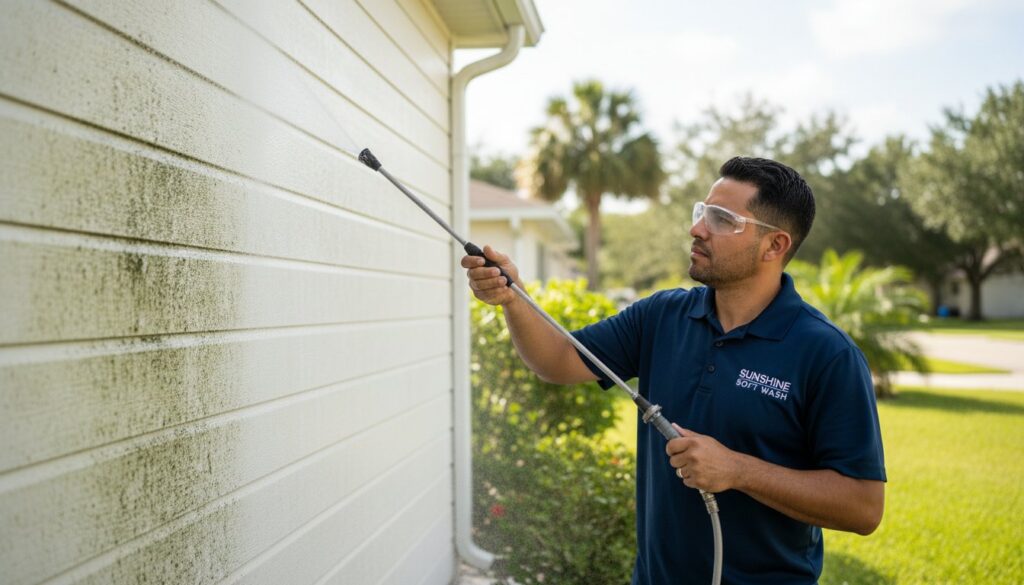 Technician pressure washing moldy house siding