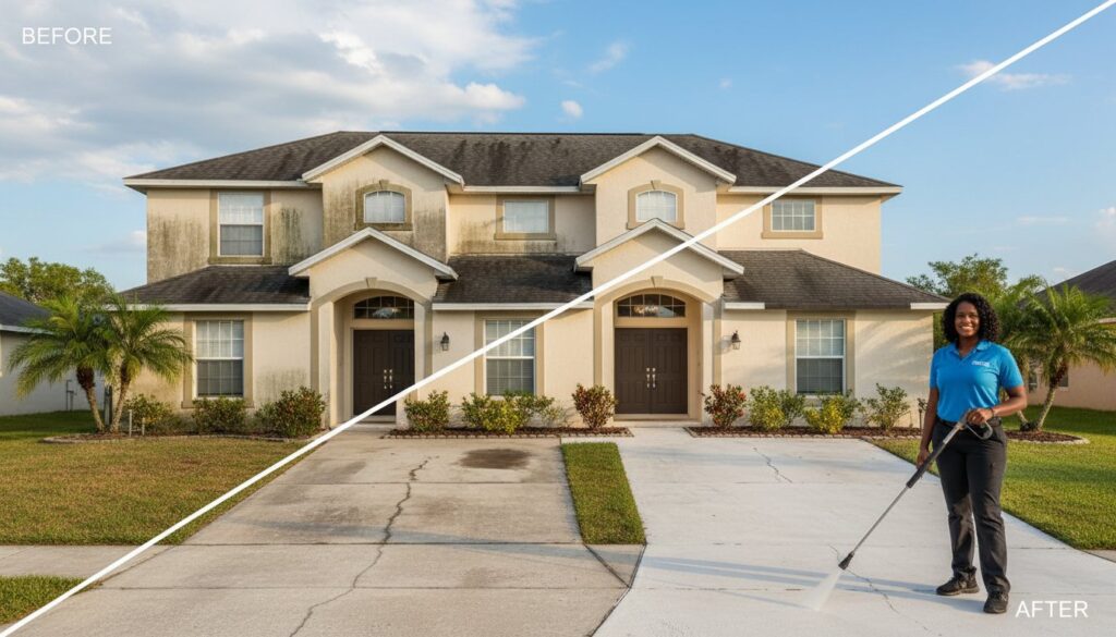Duplex before and after pressure washing