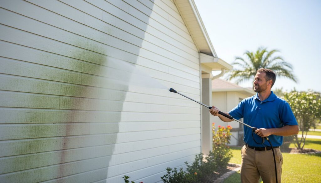 Man pressure washing algae off house siding