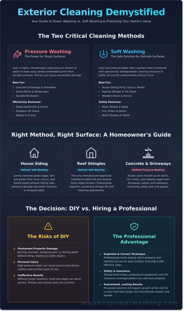 Infographic comparing pressure washing and soft washing