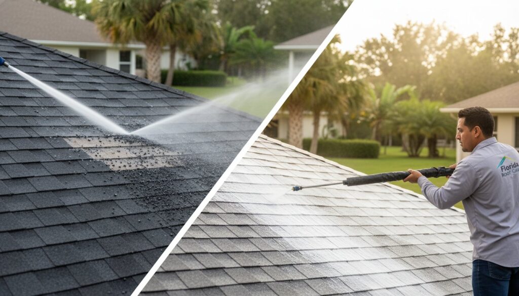 Worker pressure washing asphalt shingle roof