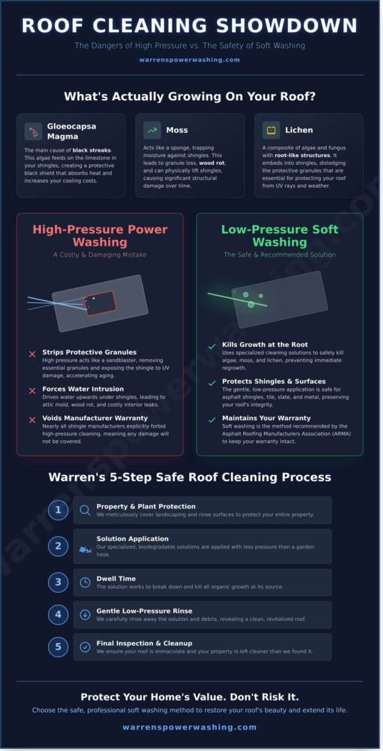 Roof cleaning infographic comparing high and low pressure