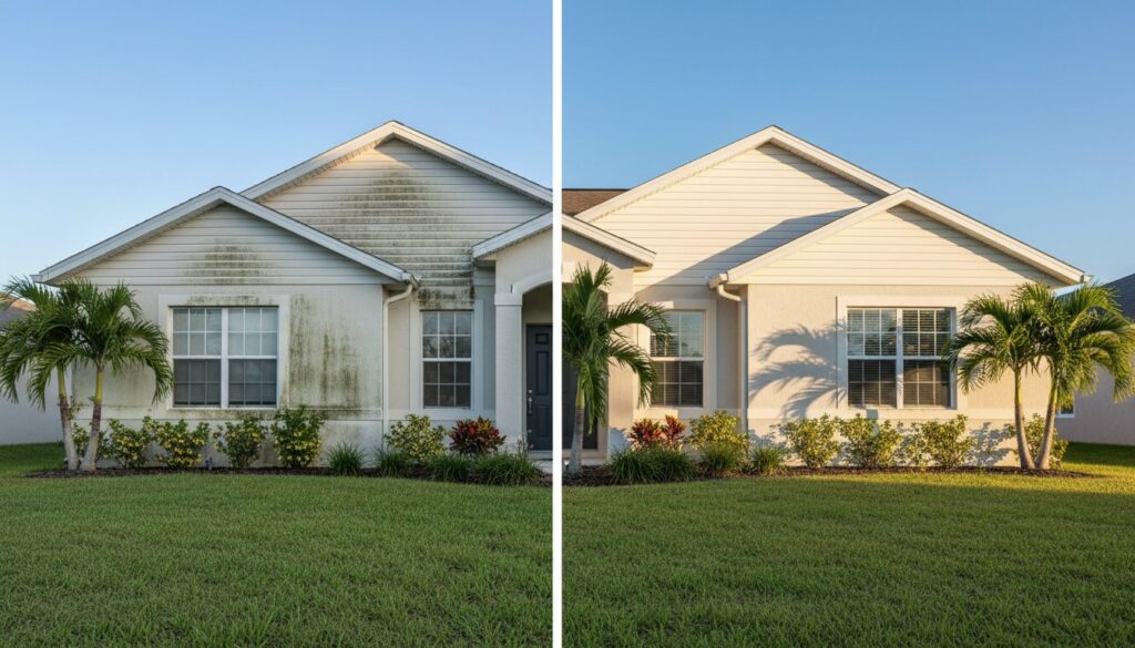 House siding before and after pressure washing