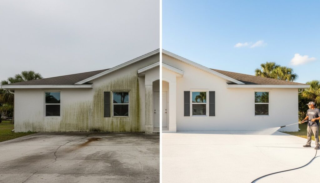 House before and after pressure washing