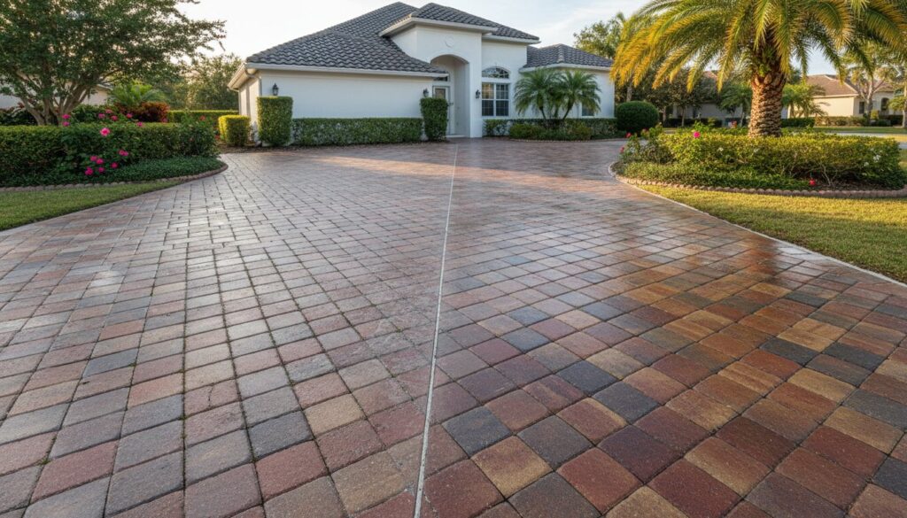 Curving paver driveway with palm trees