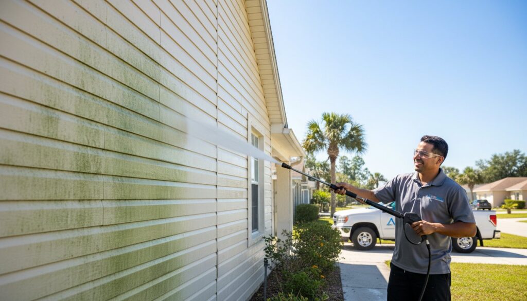 Man power-washing mildew from vinyl house siding