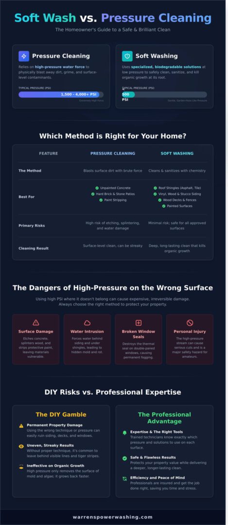 Soft wash vs pressure cleaning for home surfaces