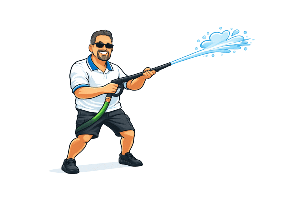 Cartoon man spraying water from pressure washer
