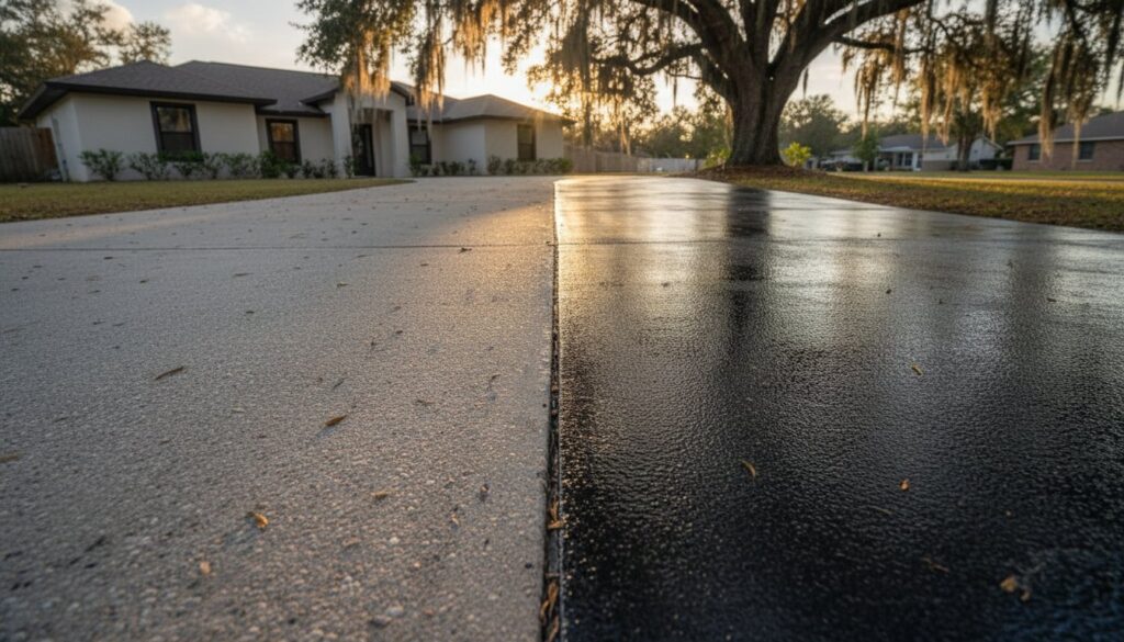Sunset-lit suburban driveway with dark sealcoat