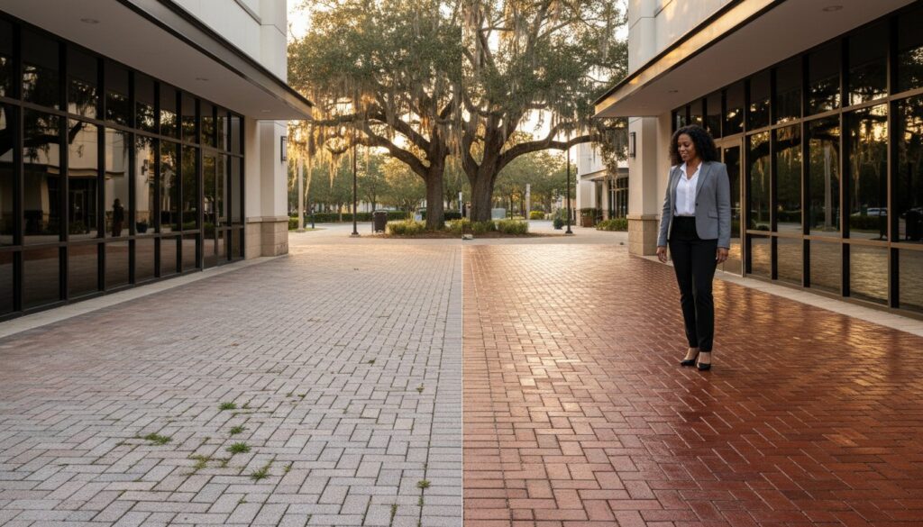 Professional woman walking in office plaza