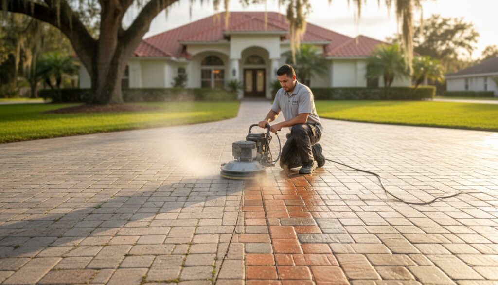 Man pressure-washing brick driveway at luxury home