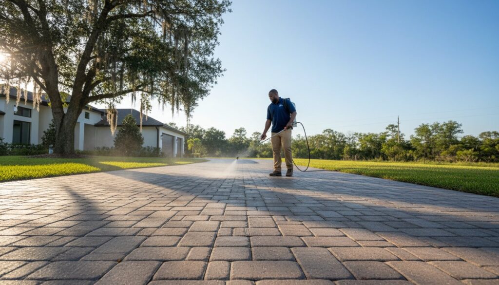 Worker pressure-washing paver driveway by house