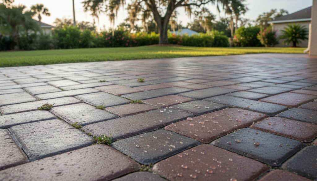 Wet brick paver patio with grass shoots