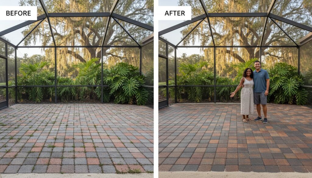 Before and after paver patio cleaning with couple