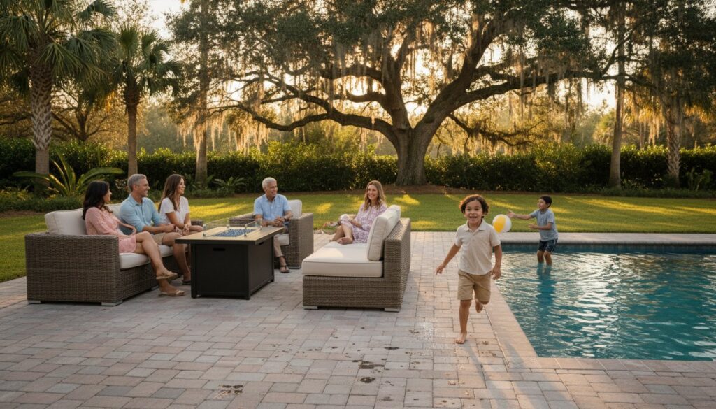 Multigenerational family relaxing by backyard pool