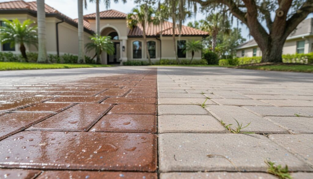 Wet red and dry gray paver driveway