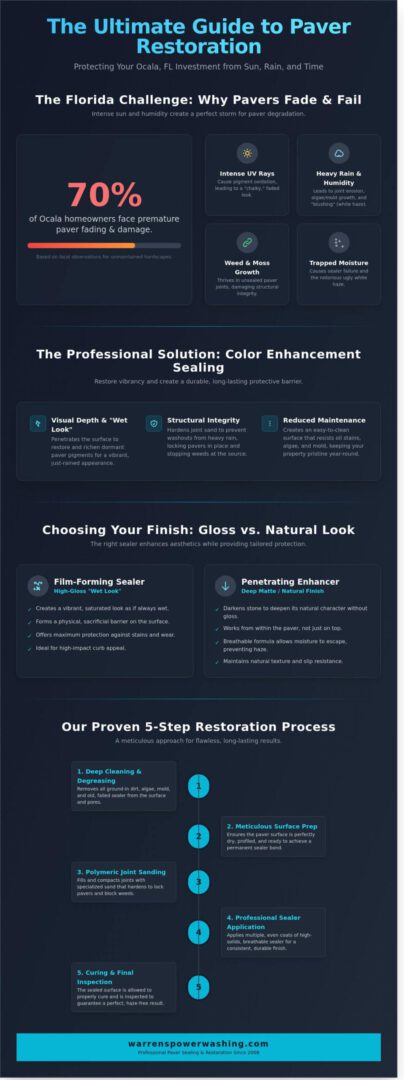 Paver restoration process and color enhancement infographic
