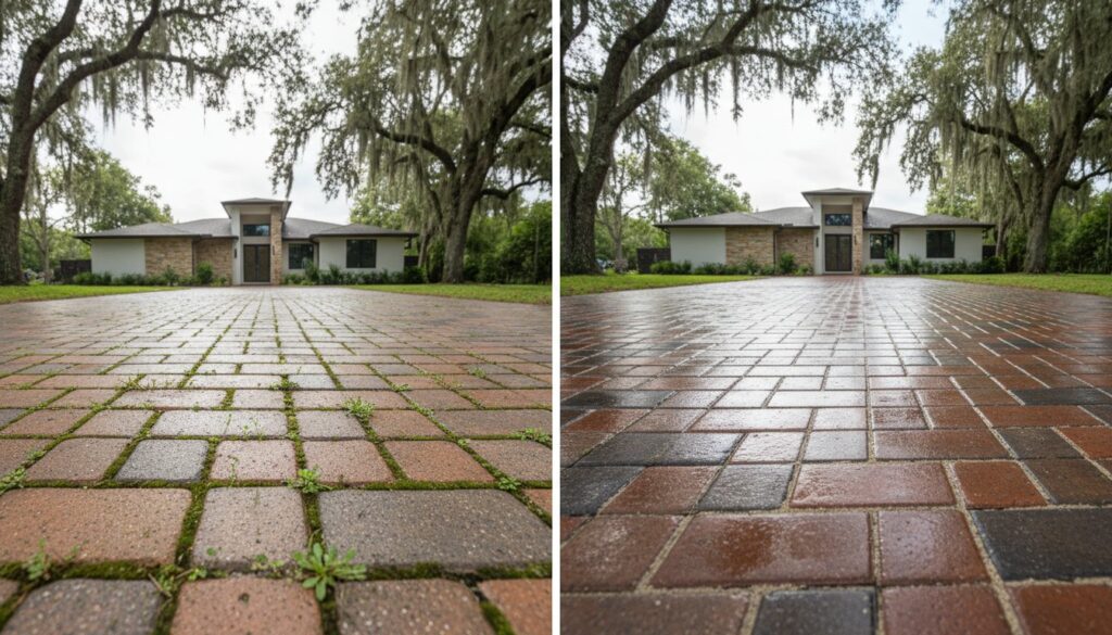 Before and after brick driveway cleaning