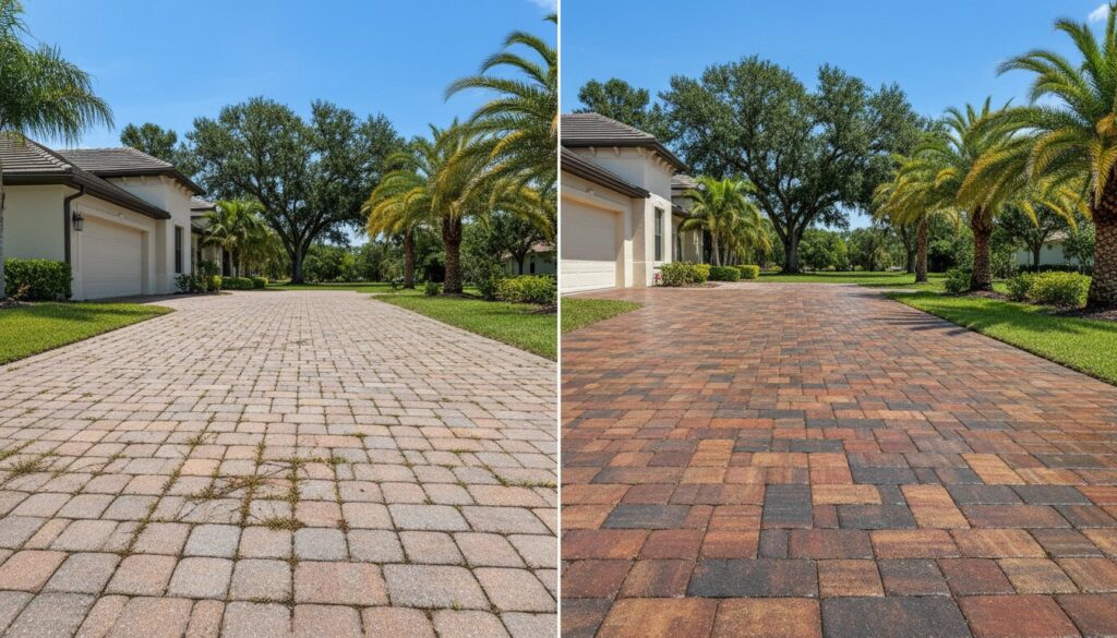 Before and after driveway paver cleaning