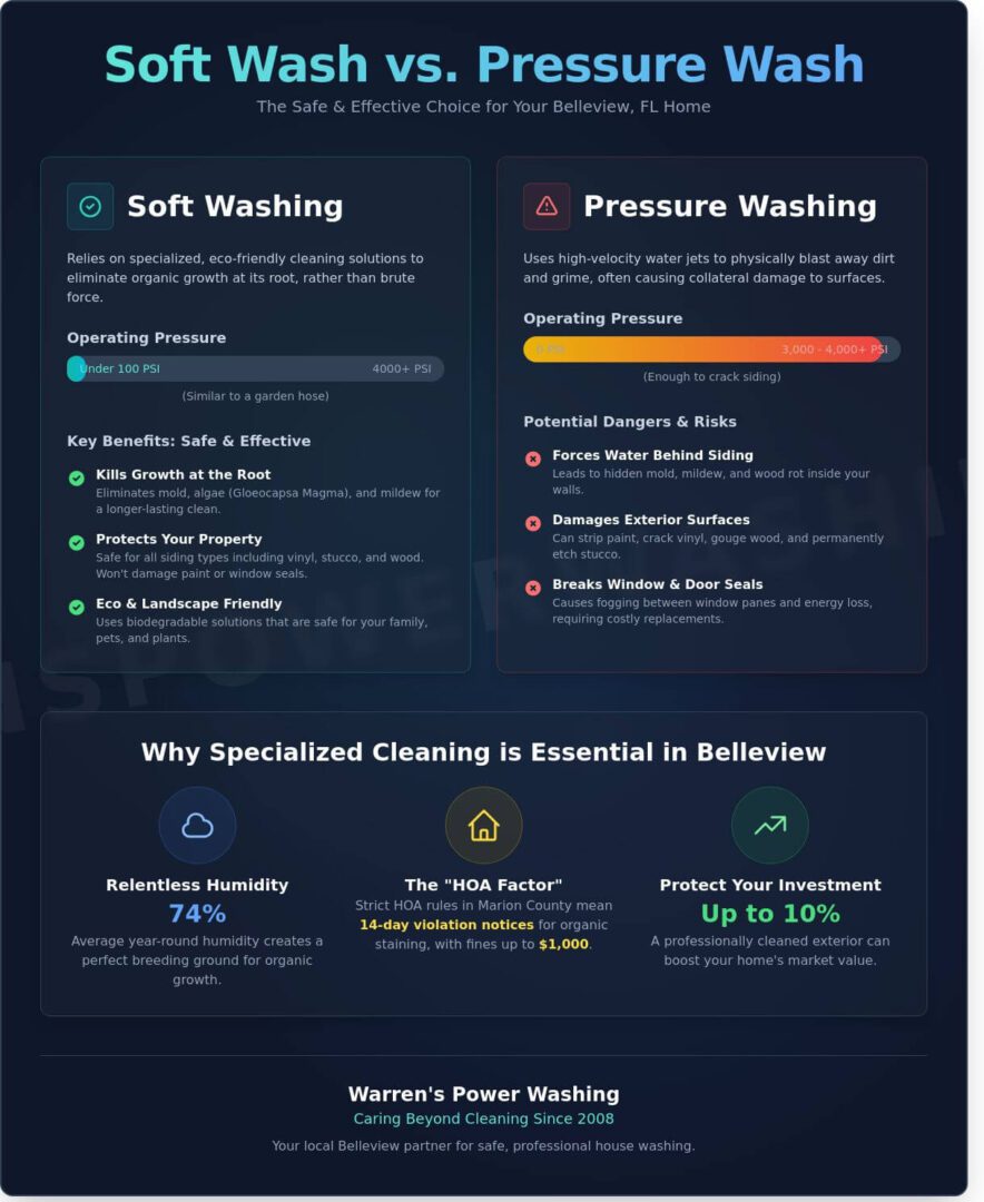 Infographic comparing soft wash and pressure wash