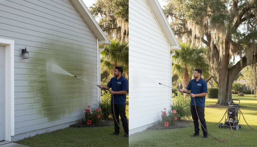 Man pressure washing mildew from house siding