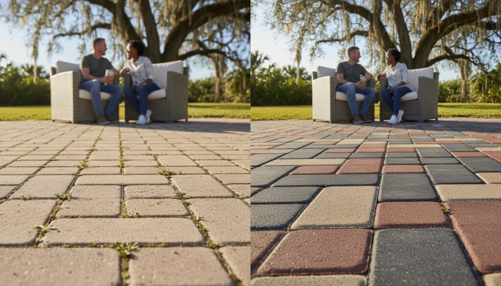 Two people chatting on patio couches near trees