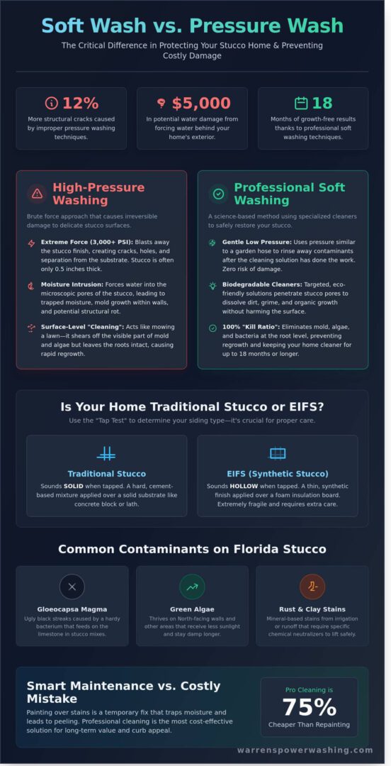 Soft wash vs pressure wash infographic for stucco