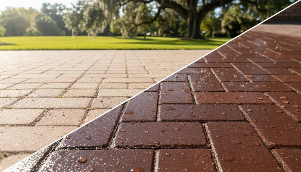 Split view: sunlit dry and wet red pavers