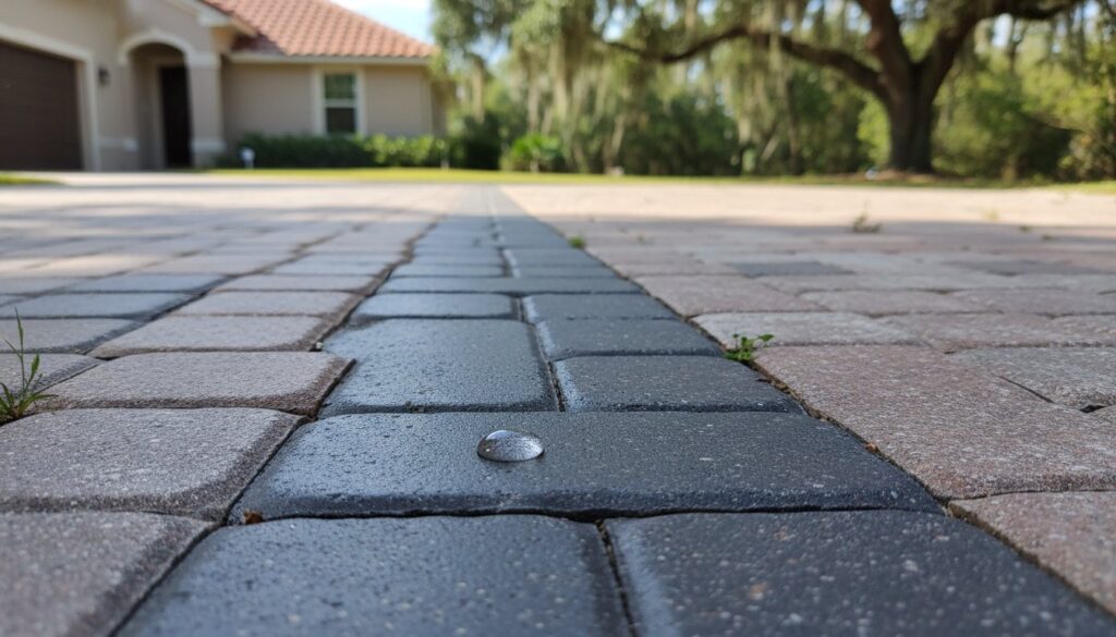 Water droplet on dark driveway paver