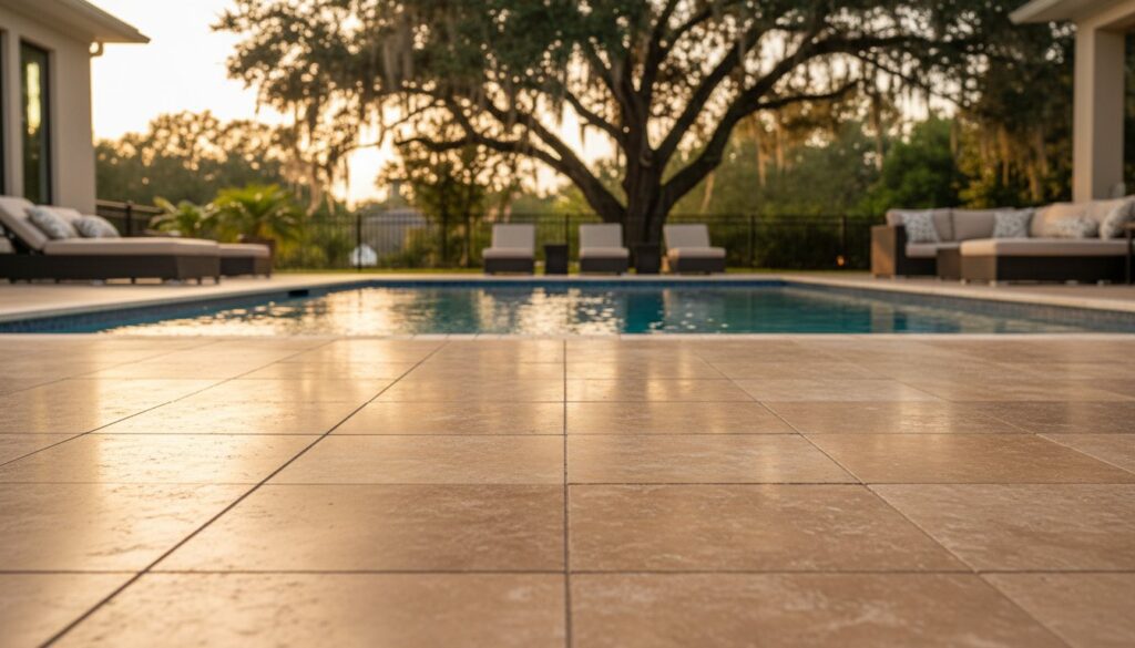 Sunlit tiled poolside patio with lounge chairs