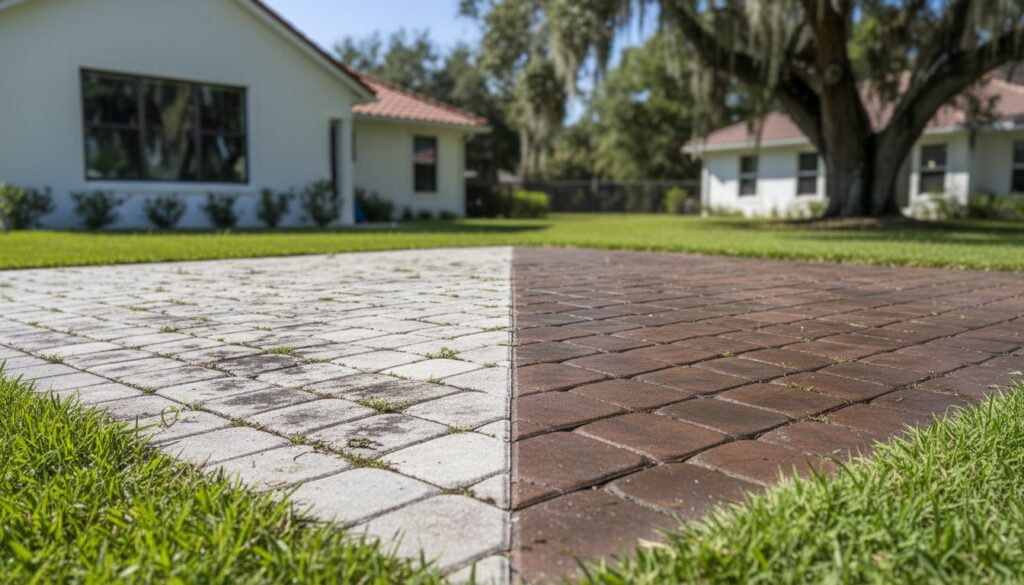 Two-tone paver driveway in suburban front yard